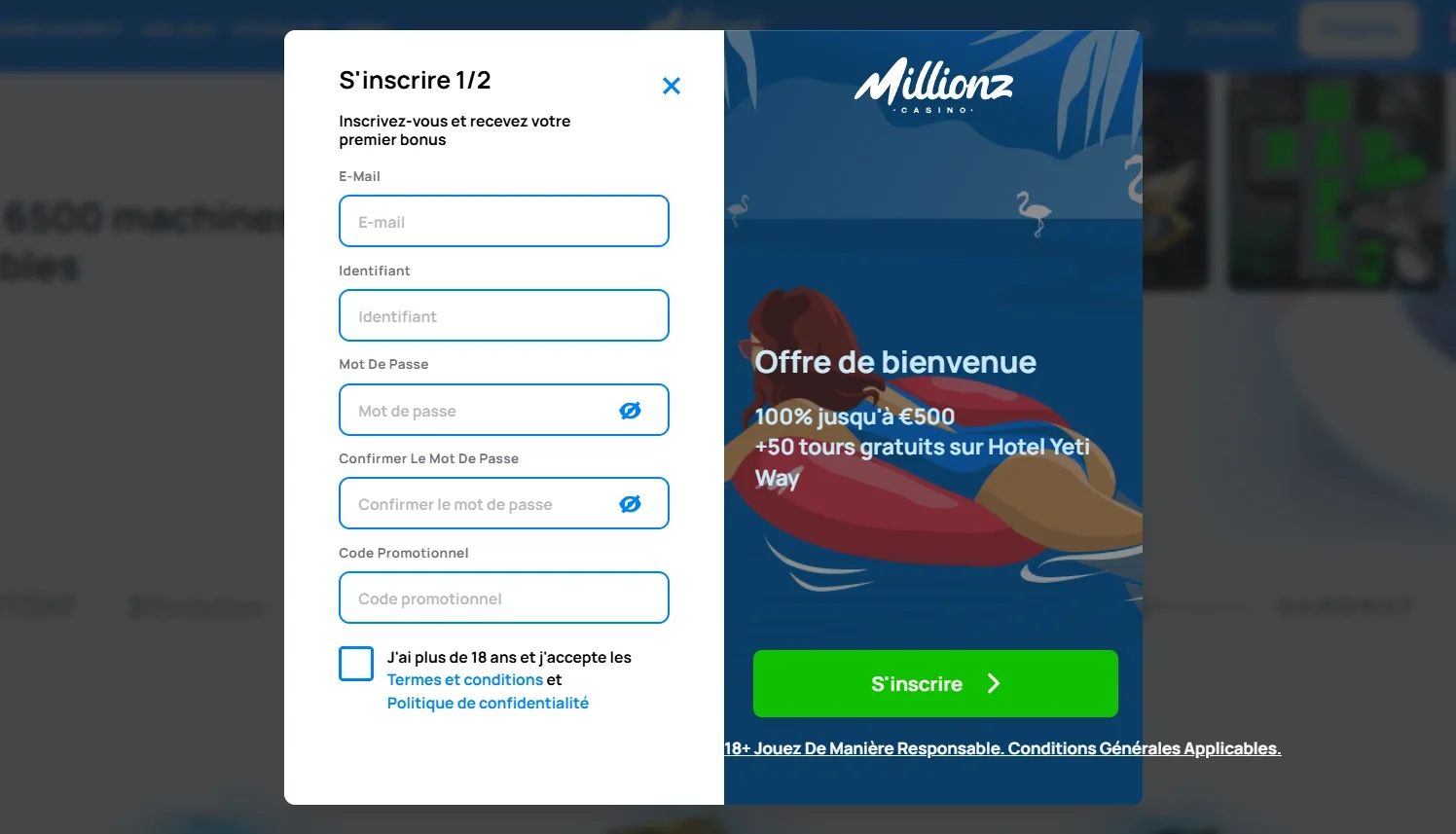 Formulaire d'inscription rapide sur Millionz Casino